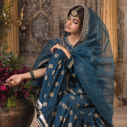 UHE-49 (Teal blue) 3 Pc Embroidered Cambric Cotton ready to wear Dress | Eid Wear | Heera's