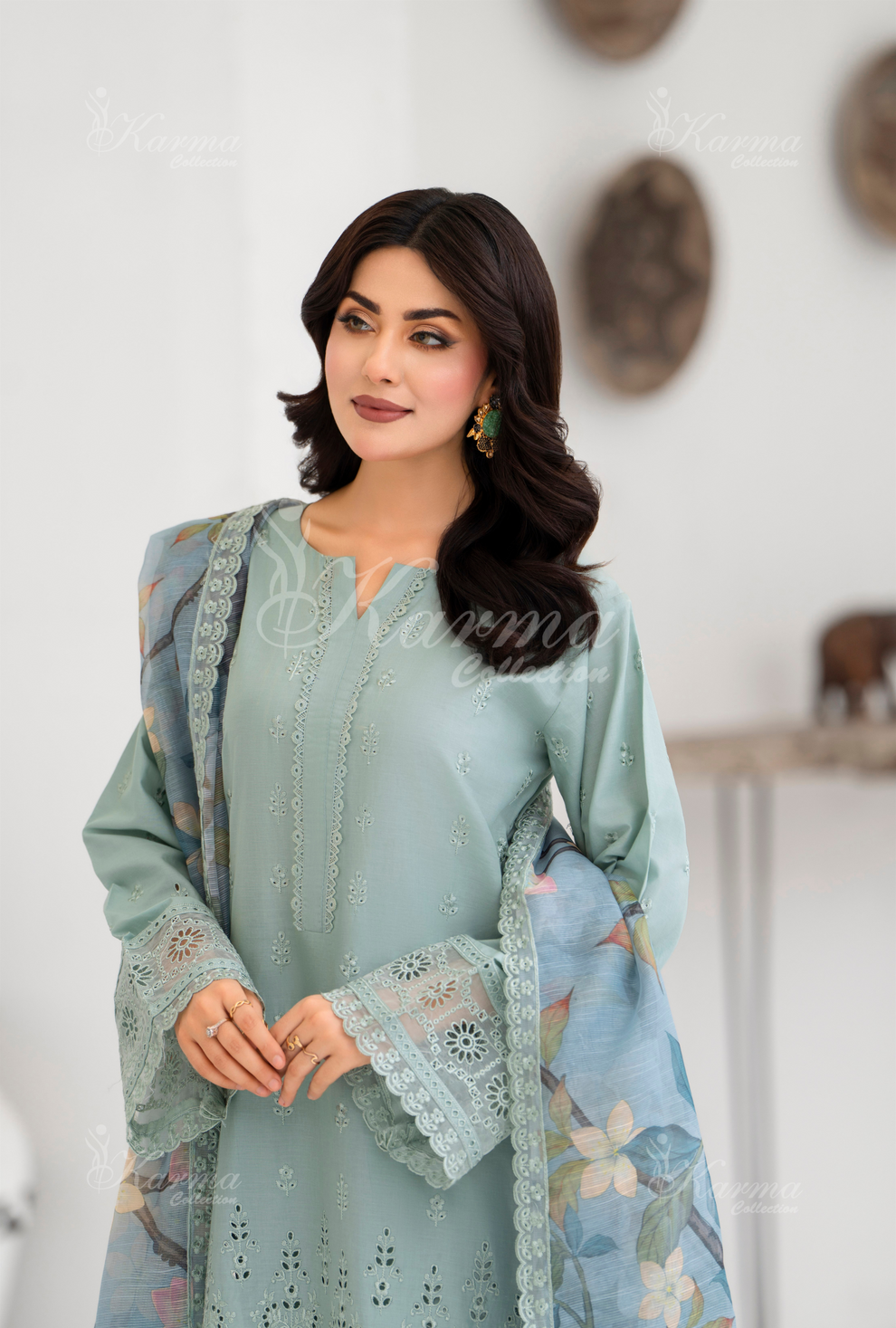 KC- 1394 | Mint Blue | 3 Pc | Chikenkari Cotton Lawn | Karma Collection