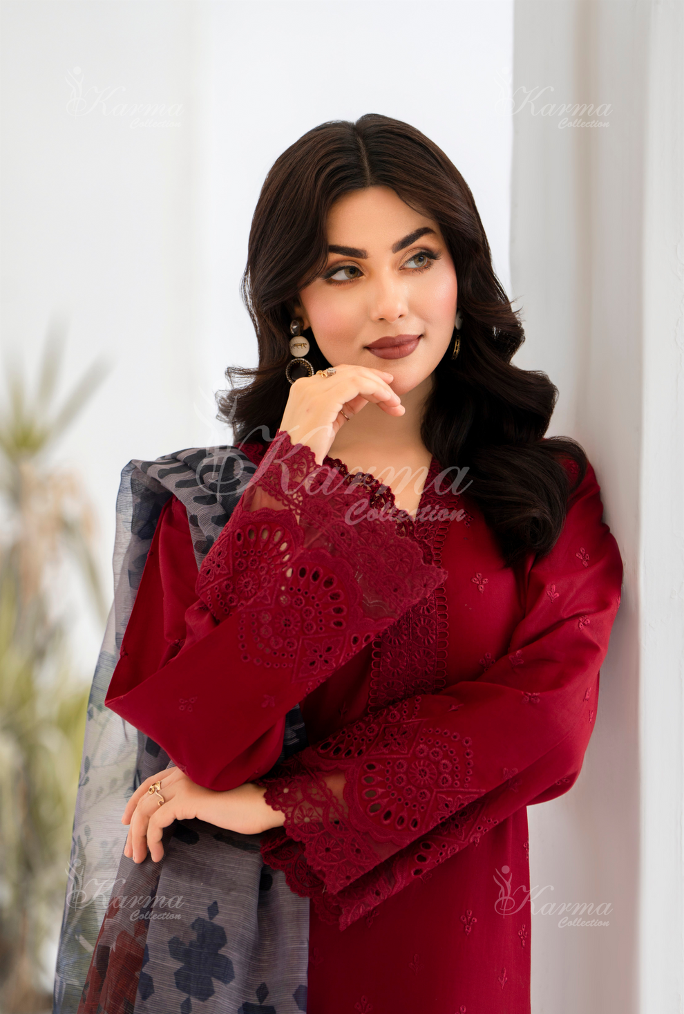 KC- 1393 | Rose Red | 3 Pc | Chikenkari Cotton Lawn | Karma Collection