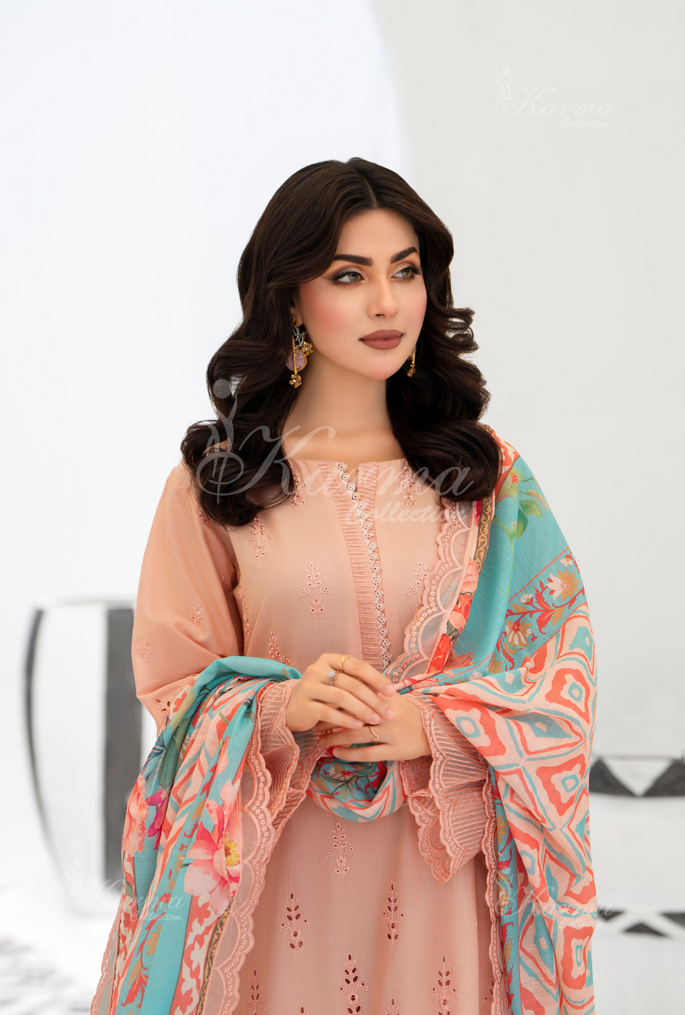 KC- 1390 | Light Salmon | 3 Pc | Chikenkari Cotton Lawn | Karma Collection