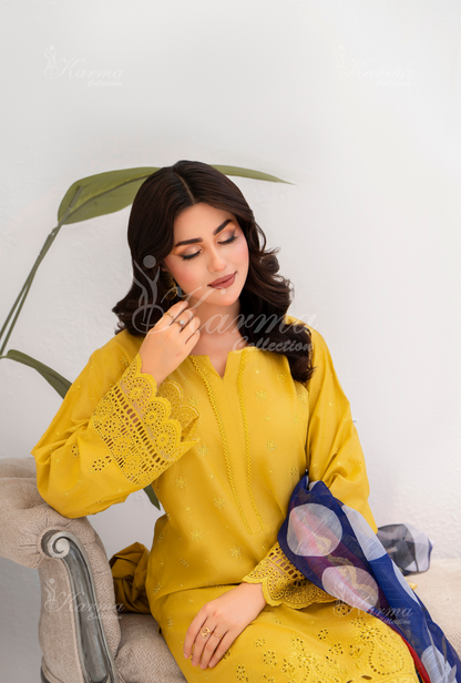 KC- 1385 | Mustard | 3 Pc | Chikenkari Cotton Lawn | Karma Collection
