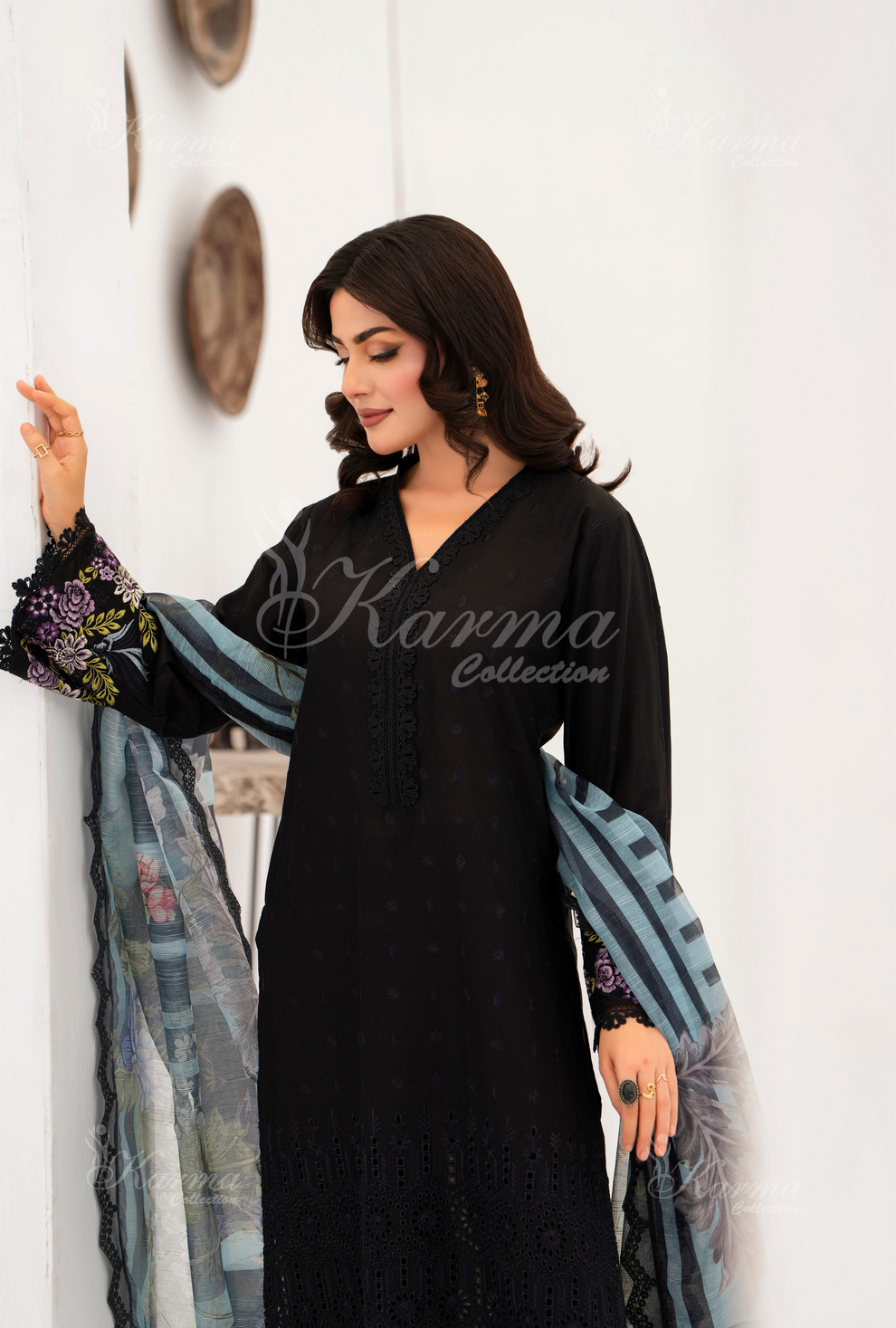 KC- 1389 | Black | 3 Pc | Chikenkari Cotton Lawn | Karma Collection l
