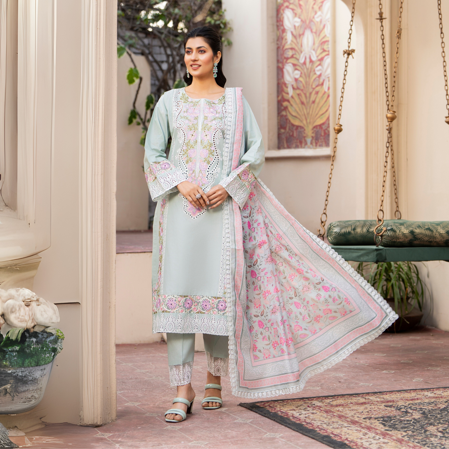 UKC-19 Chikenkari Cambric Cotton Ready to Wear Eid Collection 3 Pc - Karma Collection