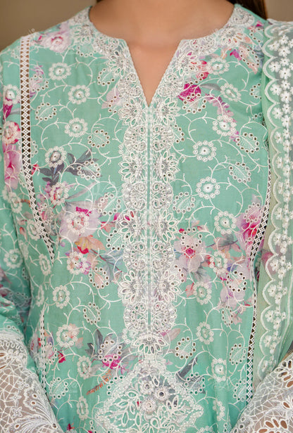 (Seafoam) Printed Chikenkari Cotton Lawn 3 Pc - Karma Collection