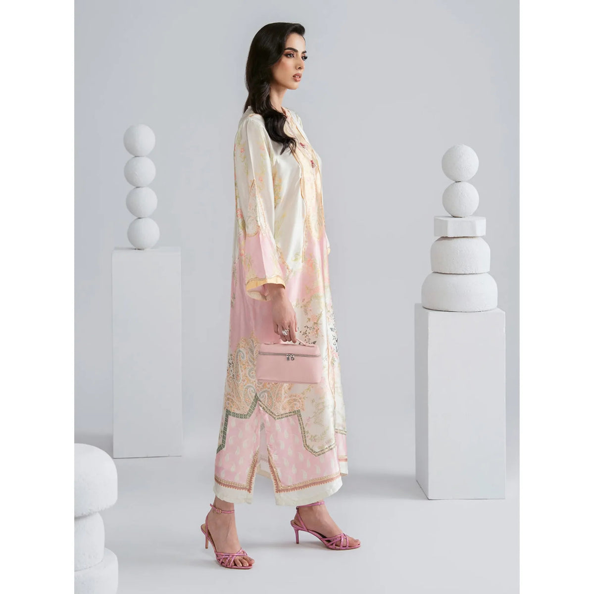 UAL-09 Printed Silk Kaftan with Trouser 2 Pc Set | Ally's