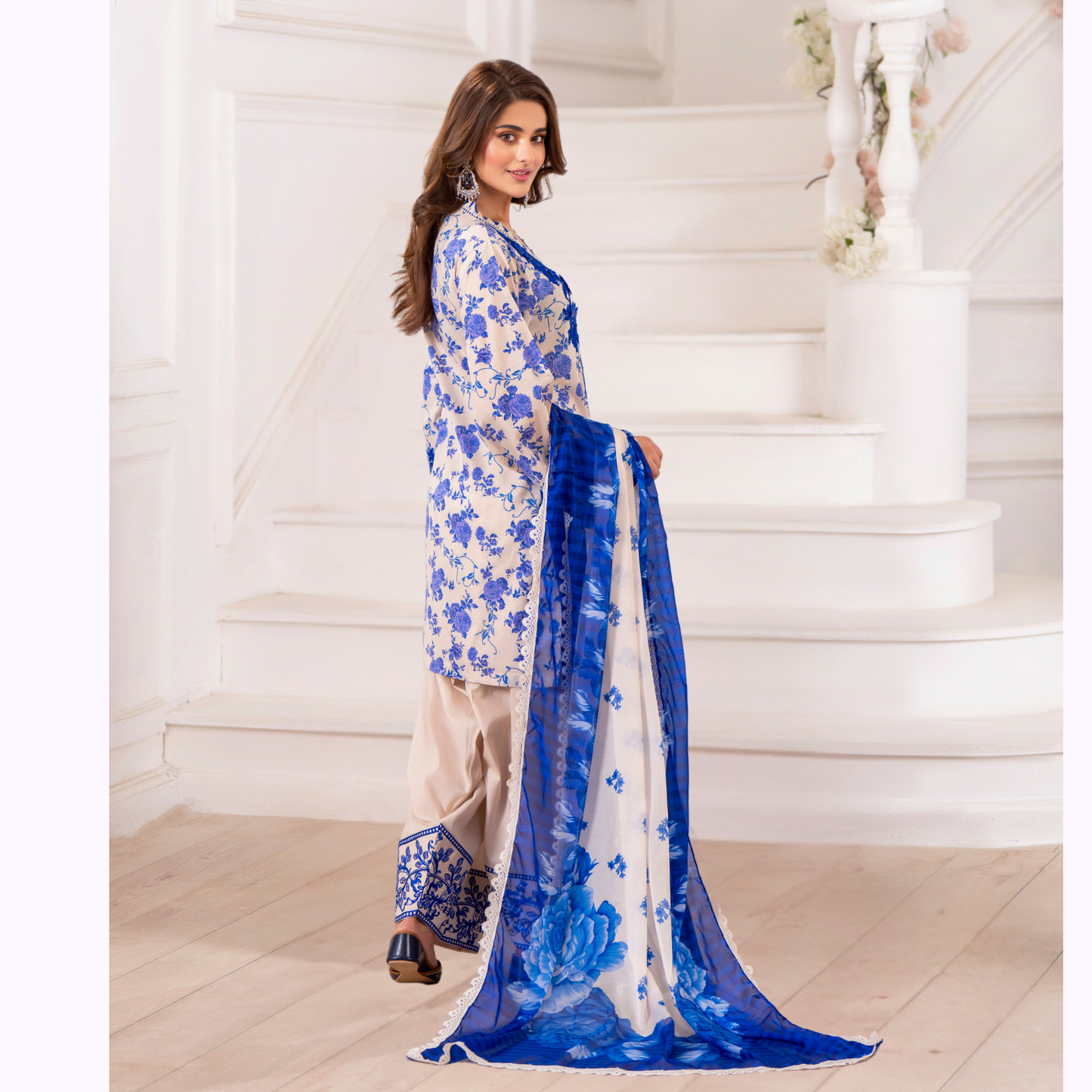 3 Pc Printed Floral Embroidered Trendy farshi Shalwar Collection karma collection