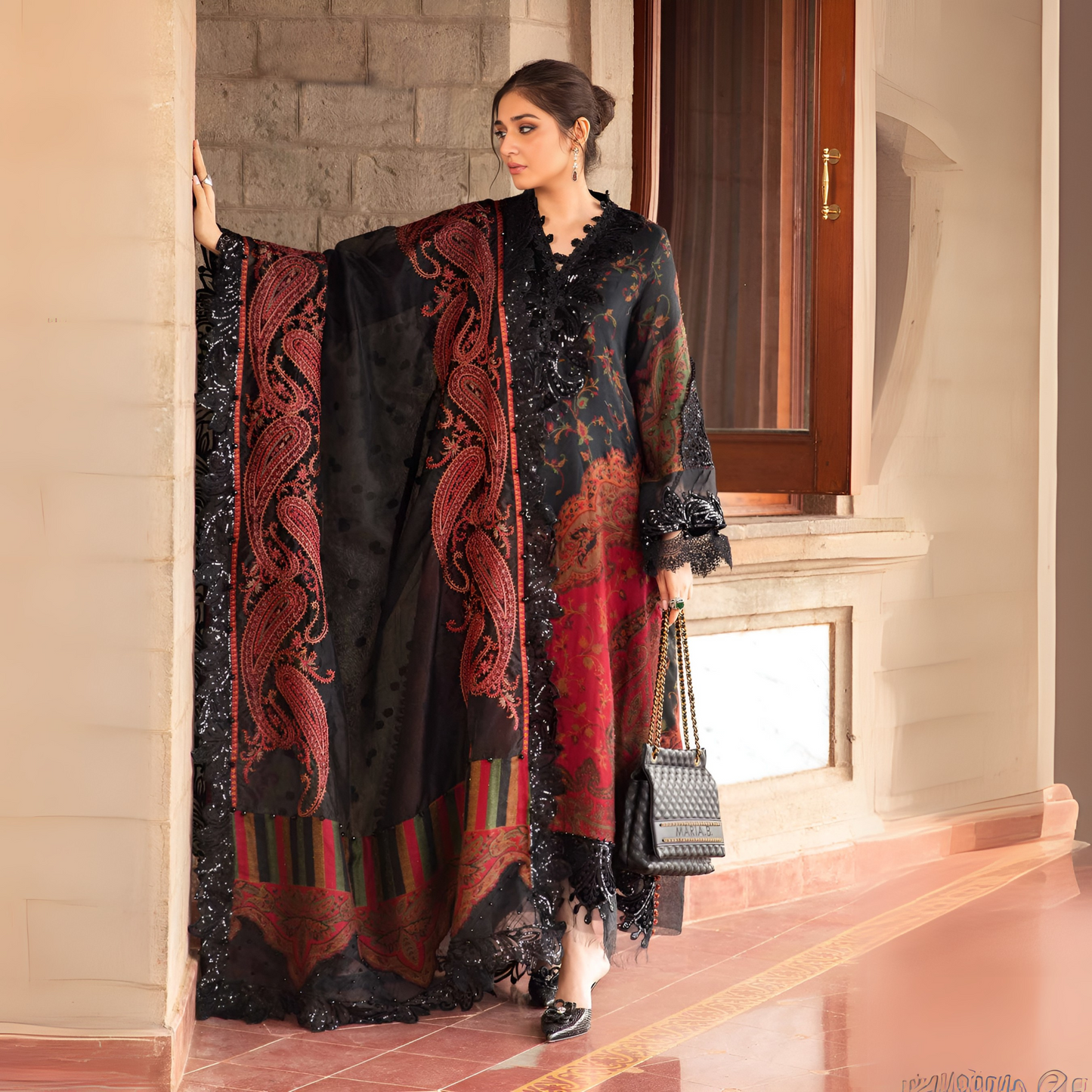 (Multi Black) Embroidered Luxury Velvet & Woven Suit | 3 Pc | Winter Collection | MARIA.B