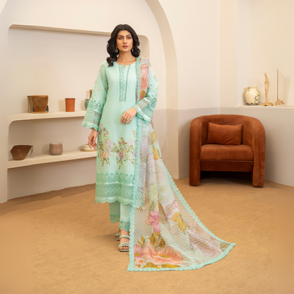 UKC-20 (Sea Green) Chikenkari Cambric Cotton Ready to Wear Eid Collection 3 Pc - Karma Collection