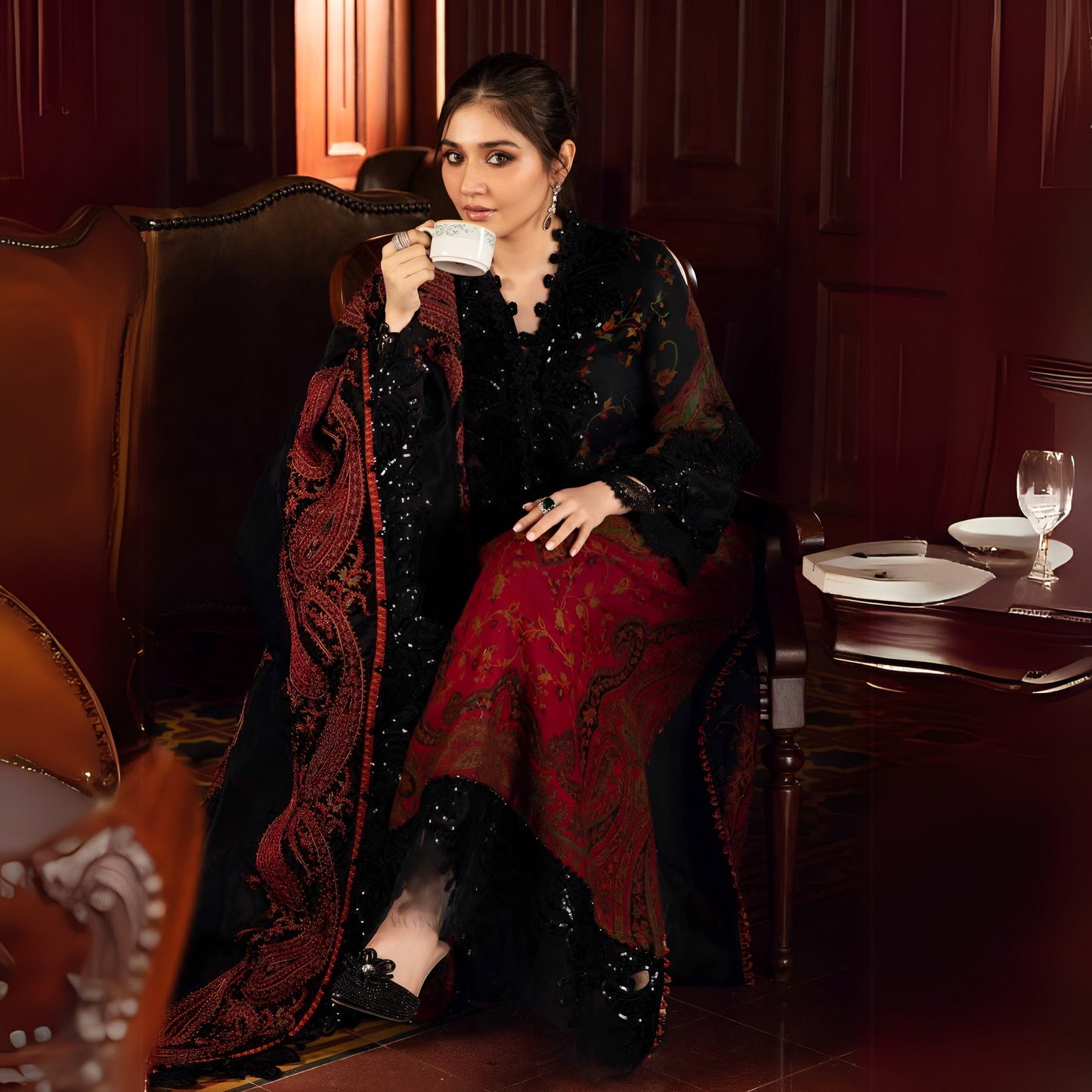 (Multi Black) Embroidered Luxury Velvet & Woven Suit | 3 Pc | Winter Collection | MARIA.B