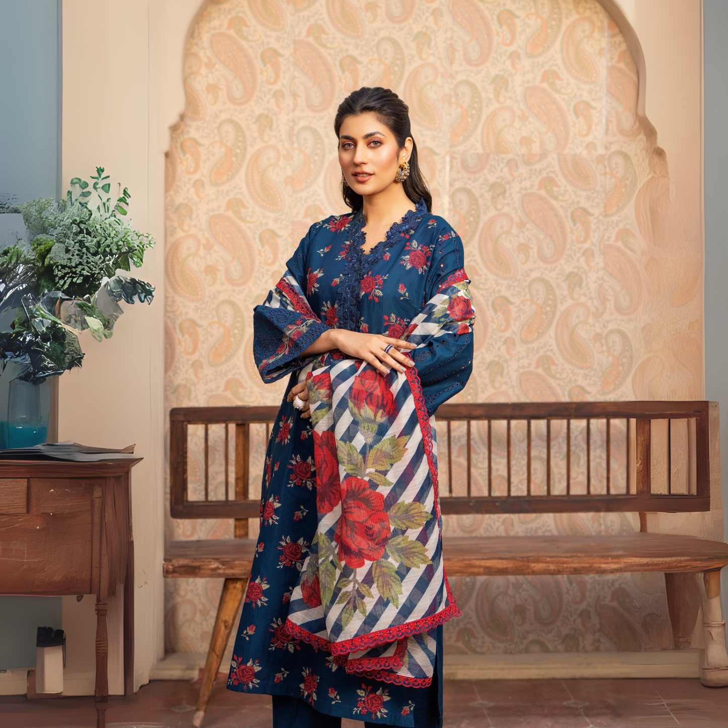 UKC-15 Chikenkari Cambric Cotton Ready to Wear Eid Collection 3 Pc - Karma Collection