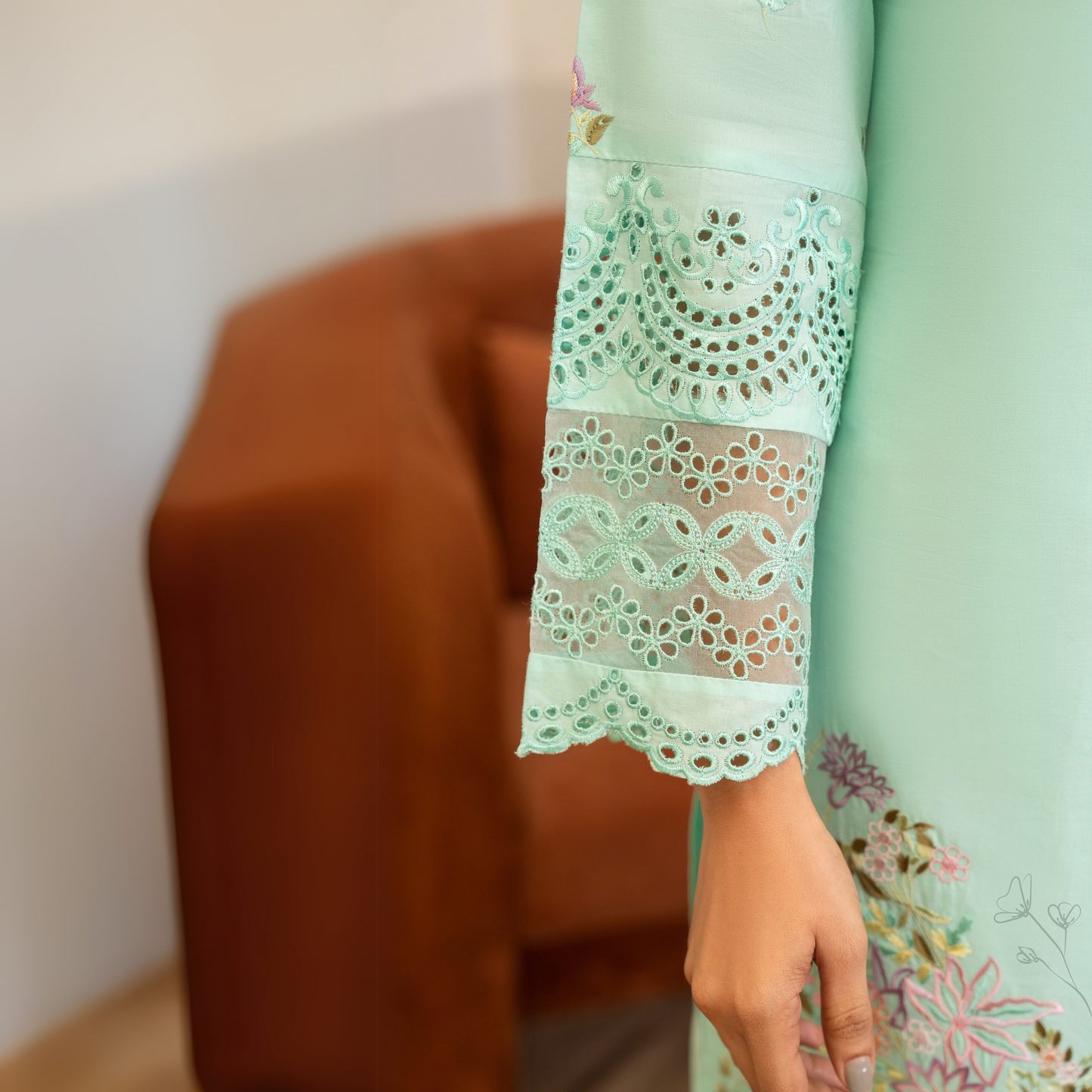 UKC-20 (Sea Green) Chikenkari Cambric Cotton Ready to Wear Eid Collection 3 Pc - Karma Collection