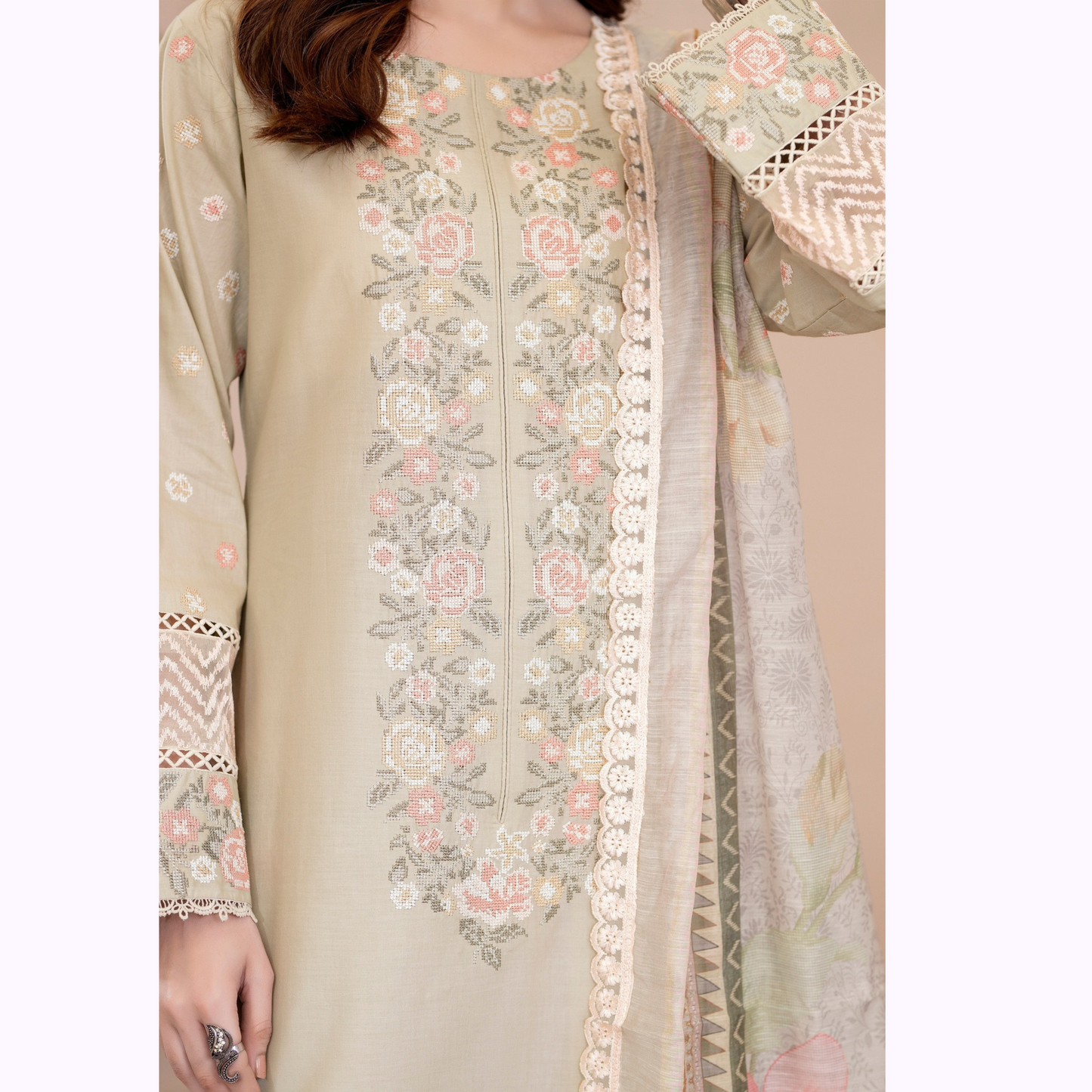 UKC-32 Embroidered Cambric Cotton Dress Ready to Wear 3 Pc - Karma Collection