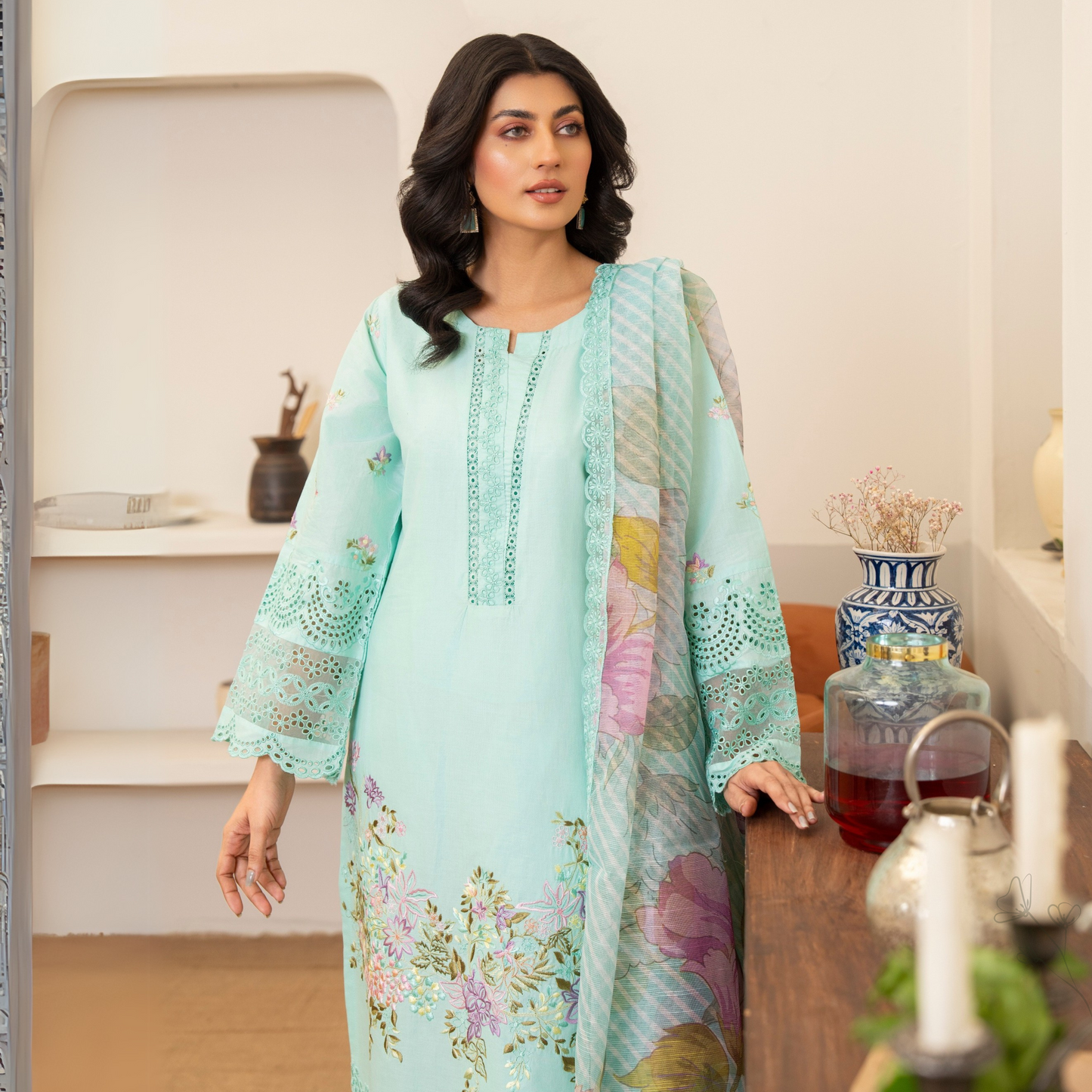 UKC-20 (Sea Green) Chikenkari Cambric Cotton Ready to Wear Eid Collection 3 Pc - Karma Collection