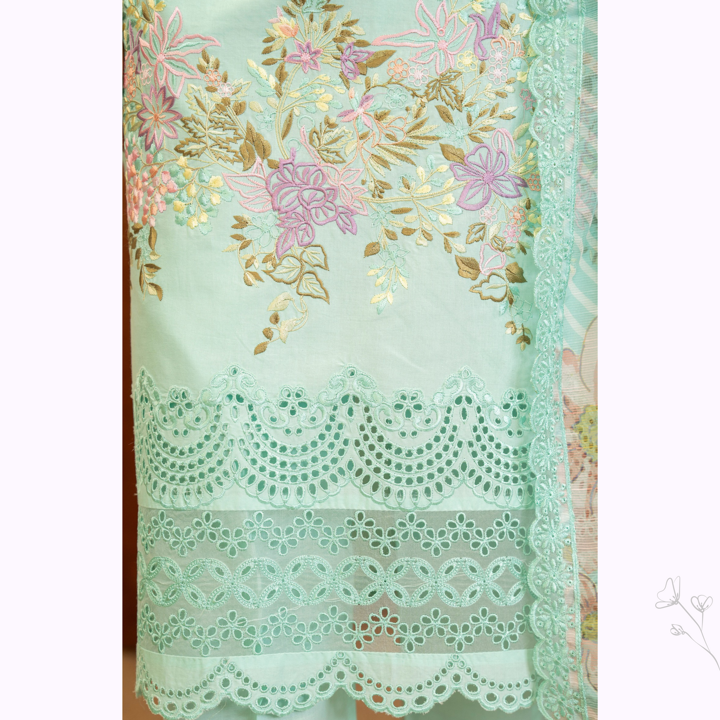 UKC-20 (Sea Green) Chikenkari Cambric Cotton Ready to Wear Eid Collection 3 Pc - Karma Collection