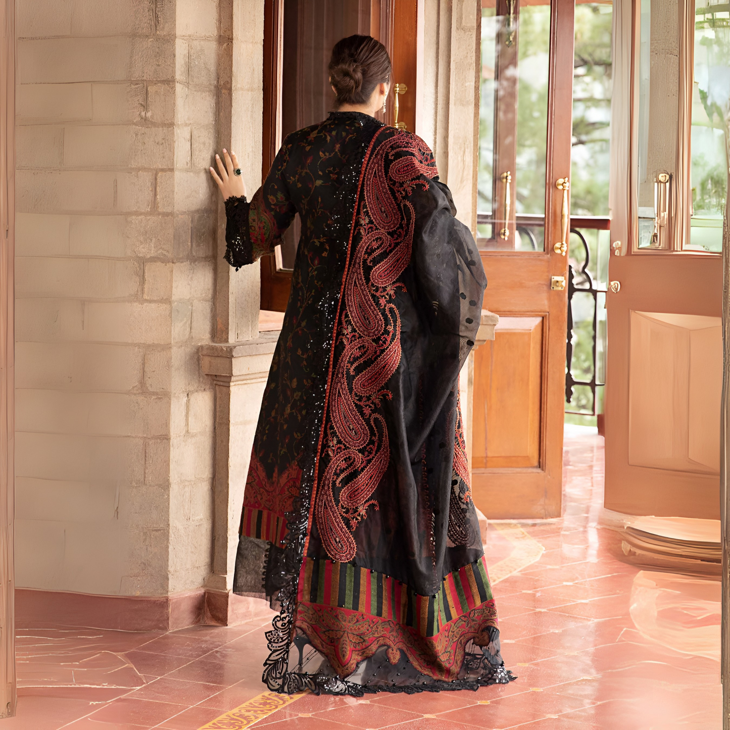 (Multi Black) Embroidered Luxury Velvet & Woven Suit | 3 Pc | Winter Collection | MARIA.B