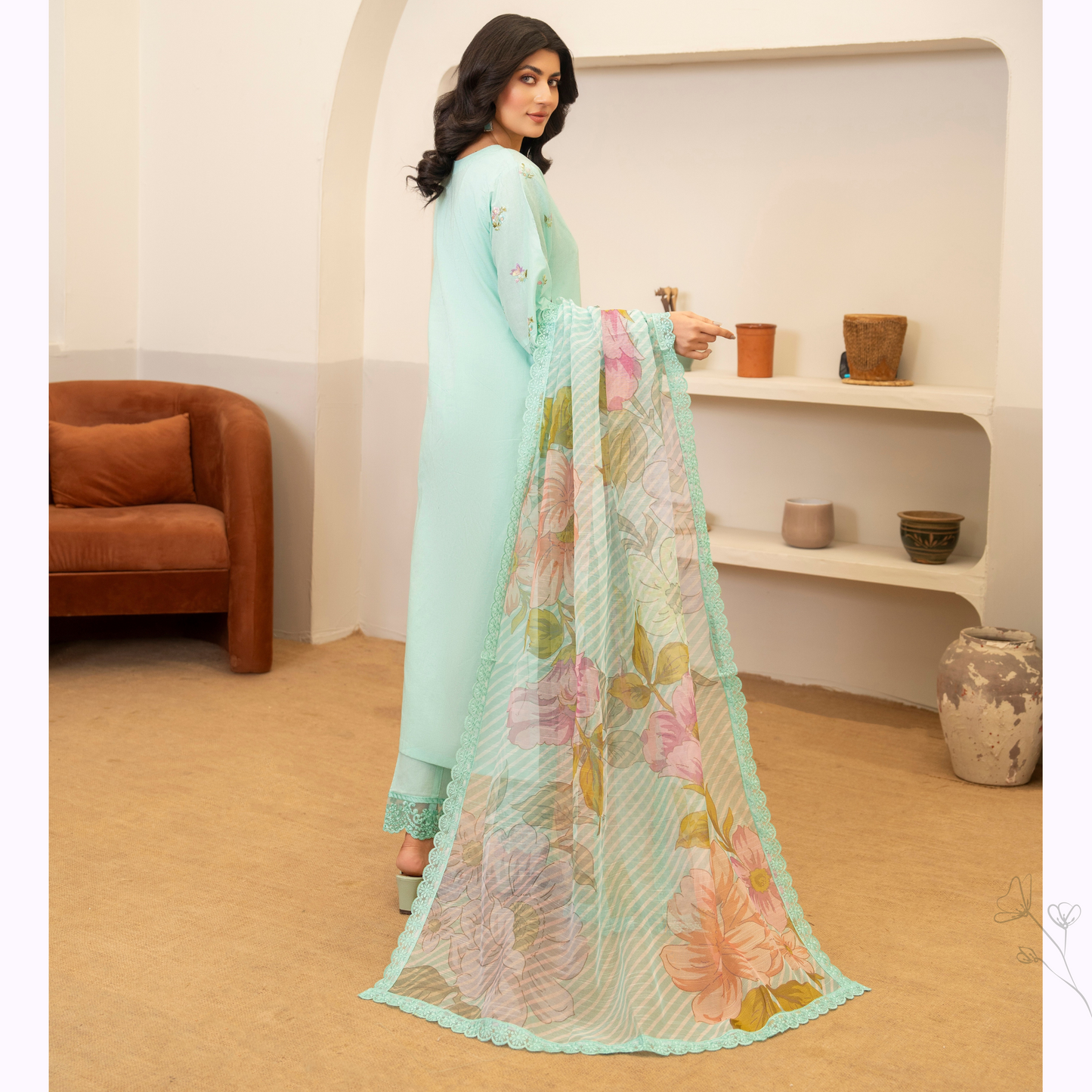 UKC-20 (Sea Green) Chikenkari Cambric Cotton Ready to Wear Eid Collection 3 Pc - Karma Collection