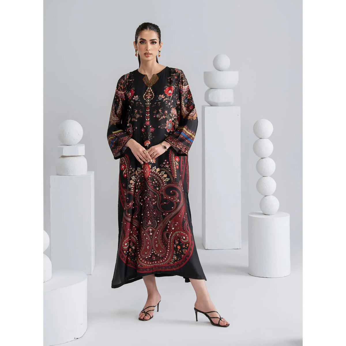 UAL-09 Printed Silk Kaftan with Trouser 2 Pc Set | Ally's