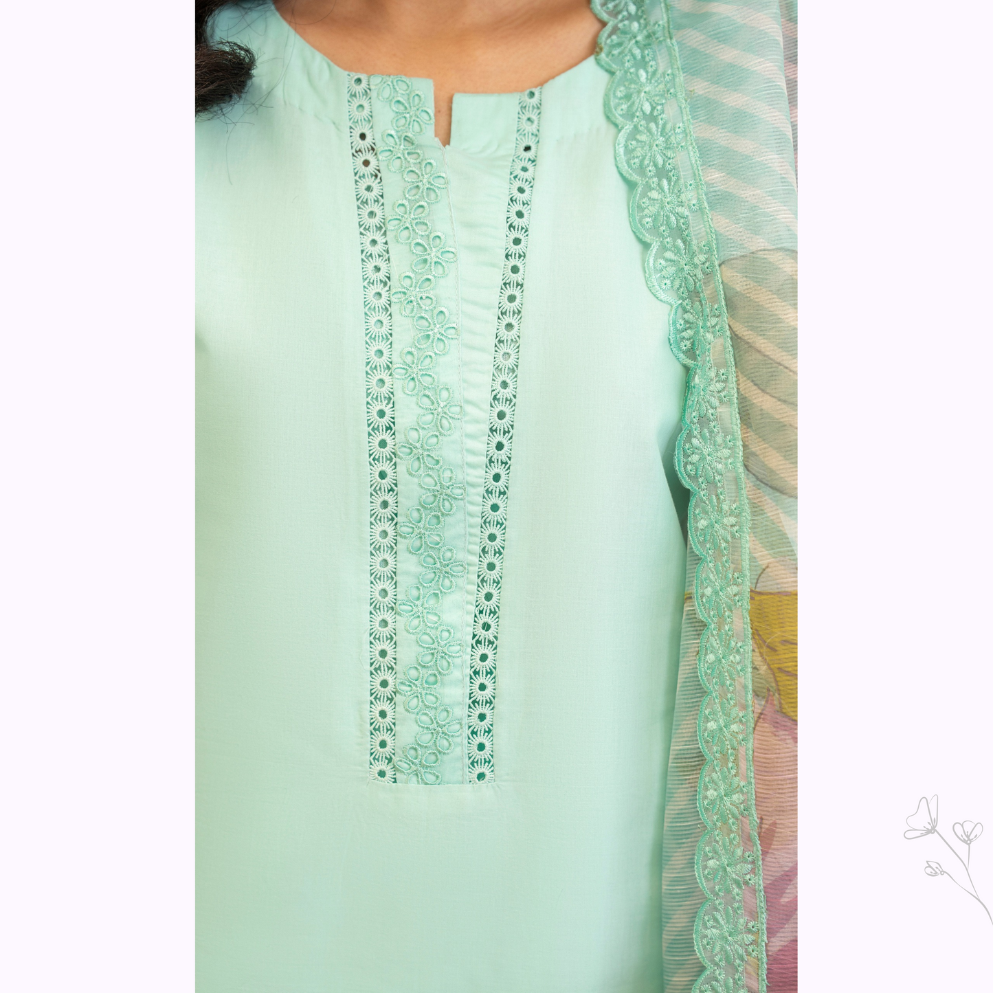 UKC-20 (Sea Green) Chikenkari Cambric Cotton Ready to Wear Eid Collection 3 Pc - Karma Collection
