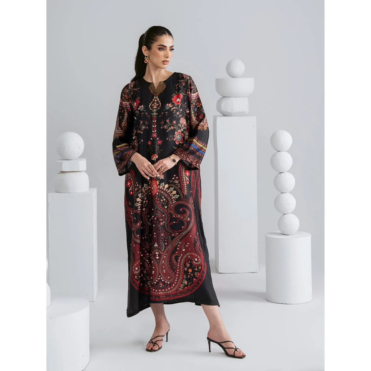 UAL-09 Printed Silk Kaftan with Trouser 2 Pc Set | Ally's