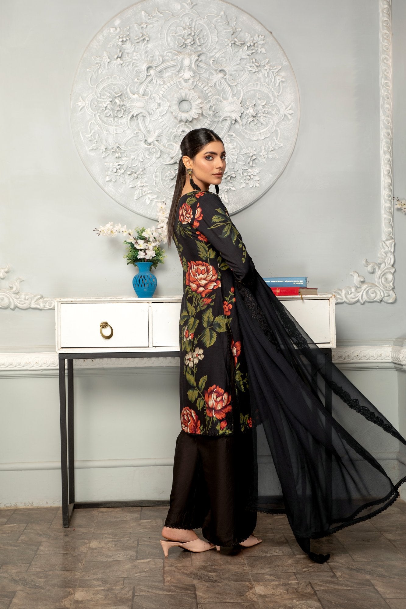 Black | Floral Printed Embroidered Linen | 3 Pc | Ready-to-wear Dress - Simrans