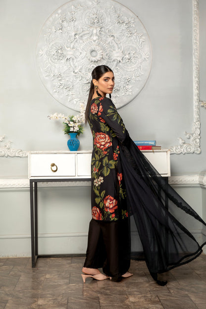 Black | Floral Printed Embroidered Linen | 3 Pc | Ready-to-wear Dress - Simrans