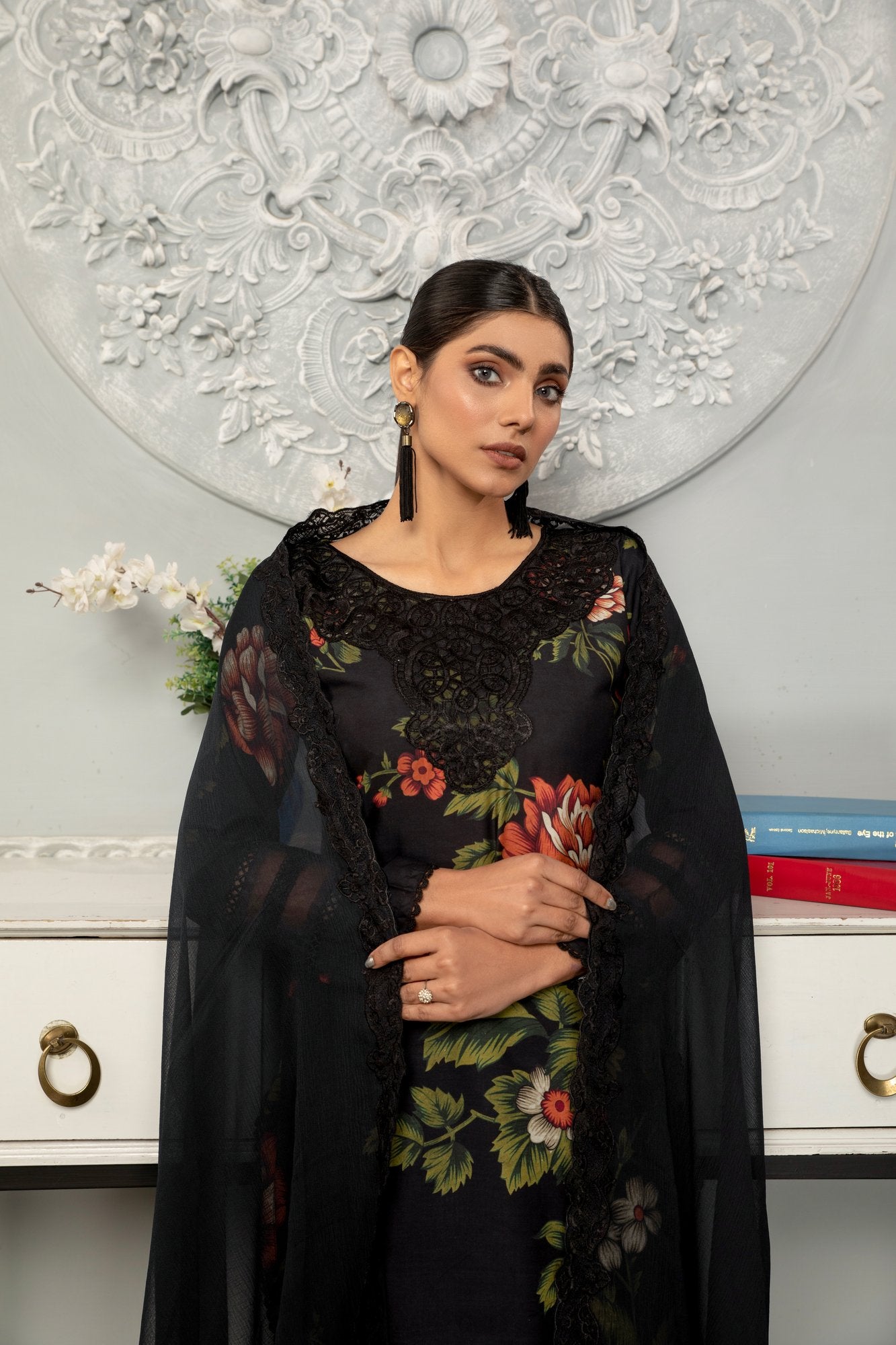 Black | Floral Printed Embroidered Linen | 3 Pc | Ready-to-wear Dress - Simrans