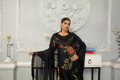 Black | Floral Printed Embroidered Linen | 3 Pc | Ready-to-wear Dress - Simrans