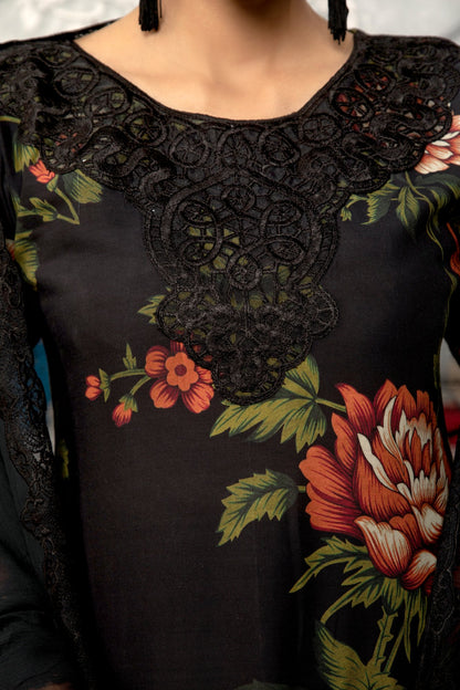 Black | Floral Printed Embroidered Linen | 3 Pc | Ready-to-wear Dress - Simrans