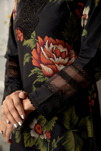 Black | Floral Printed Embroidered Linen | 3 Pc | Ready-to-wear Dress - Simrans