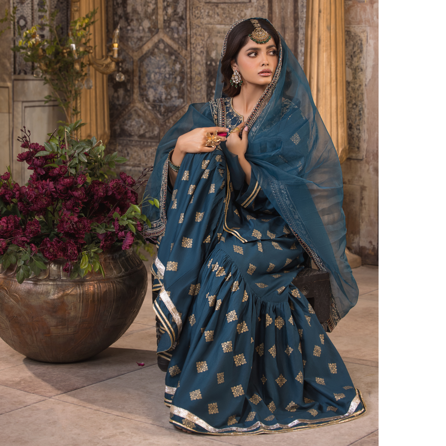 UHE-49 (Teal blue) 3 Pc Embroidered Cambric Cotton ready to wear Dress | Eid Wear | Heera's