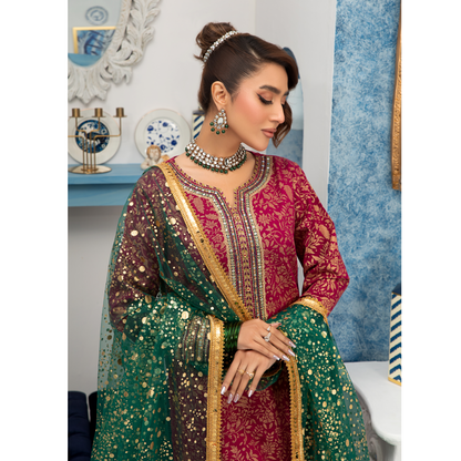 UHE-54 (Deep Pink) Luxury Cambric Cotton Embroidered Dress | Ready to Wear | Heera's