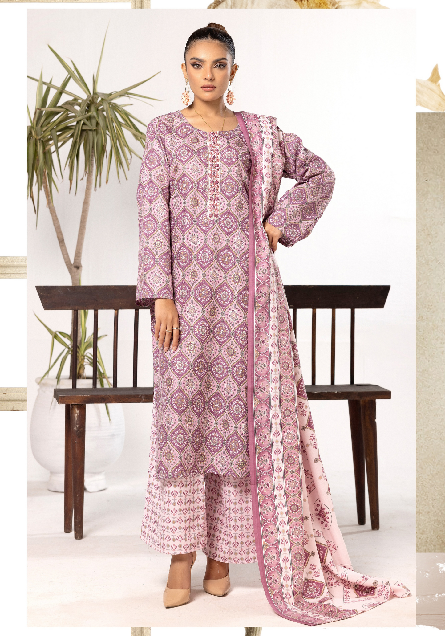 Mauve | Printed Linen Shalwar Kameez & Dupatta | 3 Pc | Ready-to-wear | Simrans