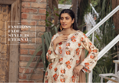 Soft Amber | Printed Linen Shirt & Trouser  With Chiffon Dupatta| Ready to Wear 3 Pc dress - Rangz