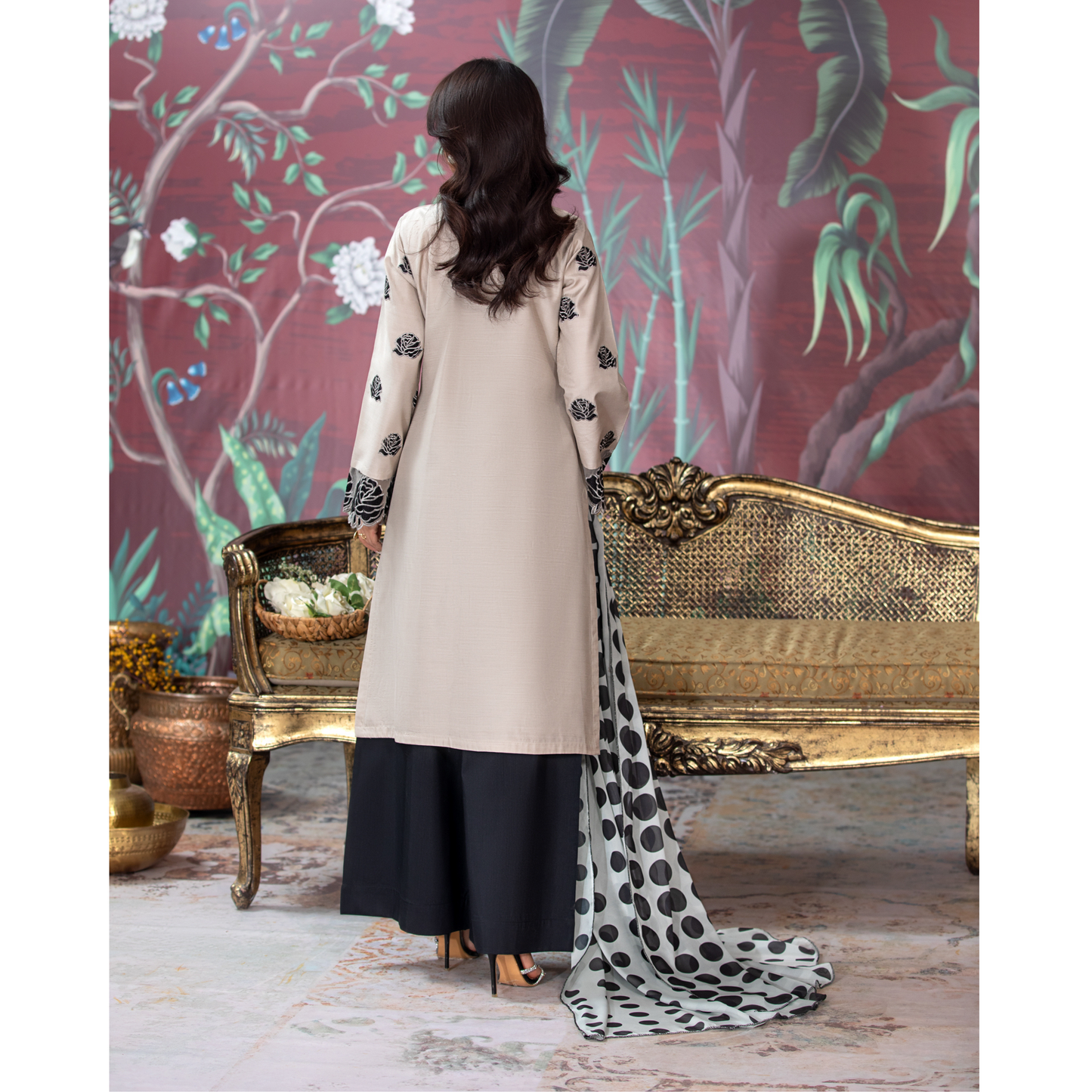 (Bone Beige) 3 Pc Embroidered Viscose Pakistani Dress With Silk Printed Dupatta  | Winter Wear | Heera's