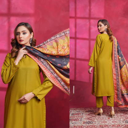 (Yellowy Brown) Dhanak Dress with Wool Shawl |3 Pc| Winter Collection | Hayats