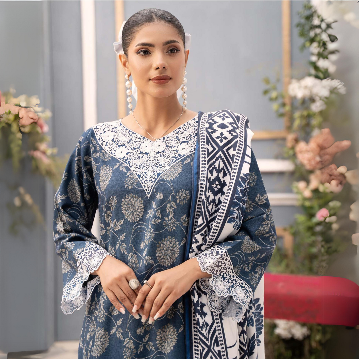 (Blue) Embroidered Printed Dhanak Dress with Dhanak Shawl | Winter Collection | Raniya.h