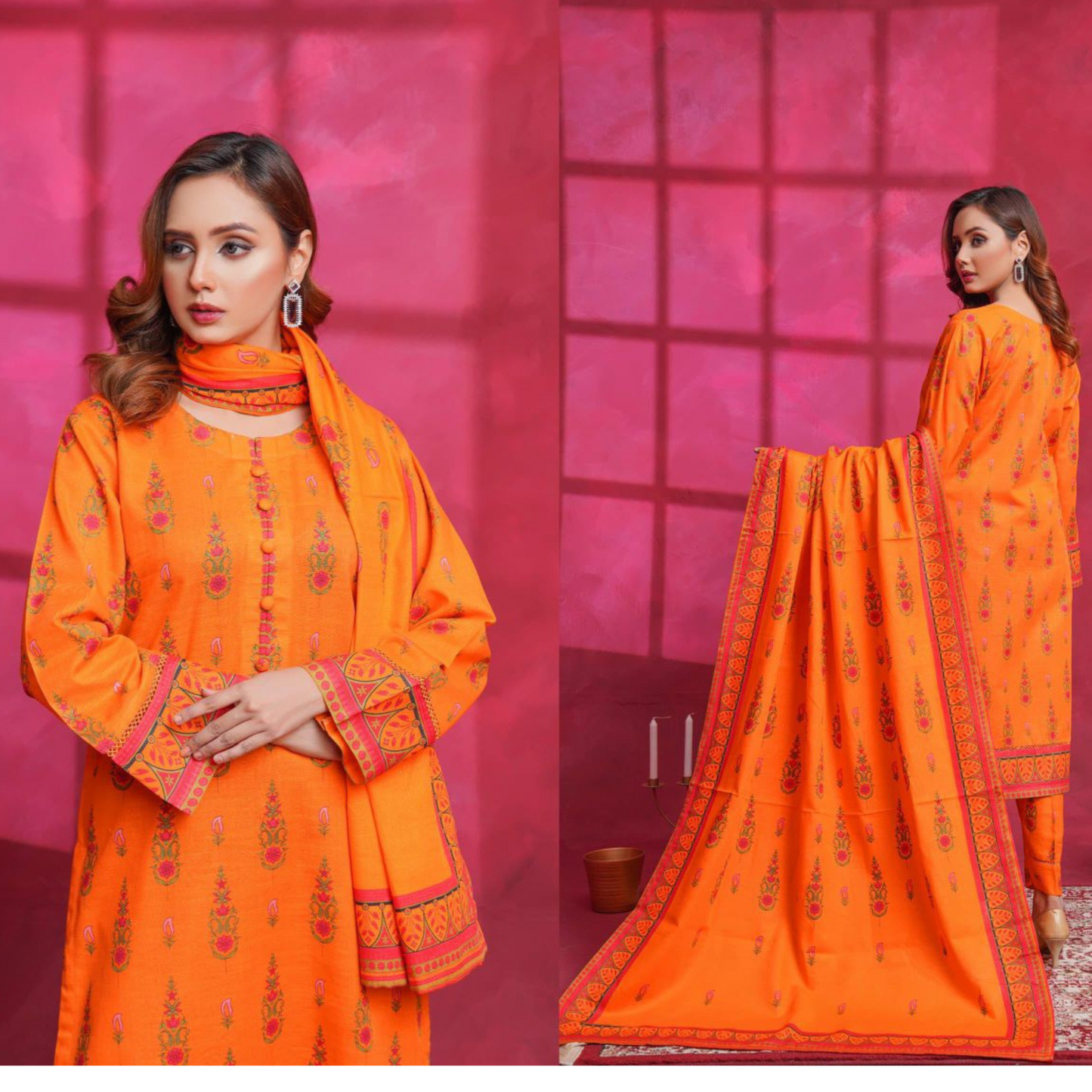 (Burn Orange) Printed Khaddar Dress  |3 Pc| Winter Collection | Hayats