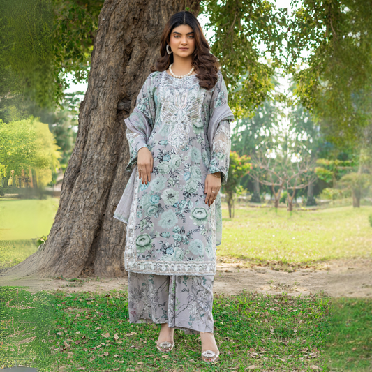 Winter Linen Printed Handwork Embroidered Dress 3 Pc |Ready to Wear| Rangz | UMRGZ3700