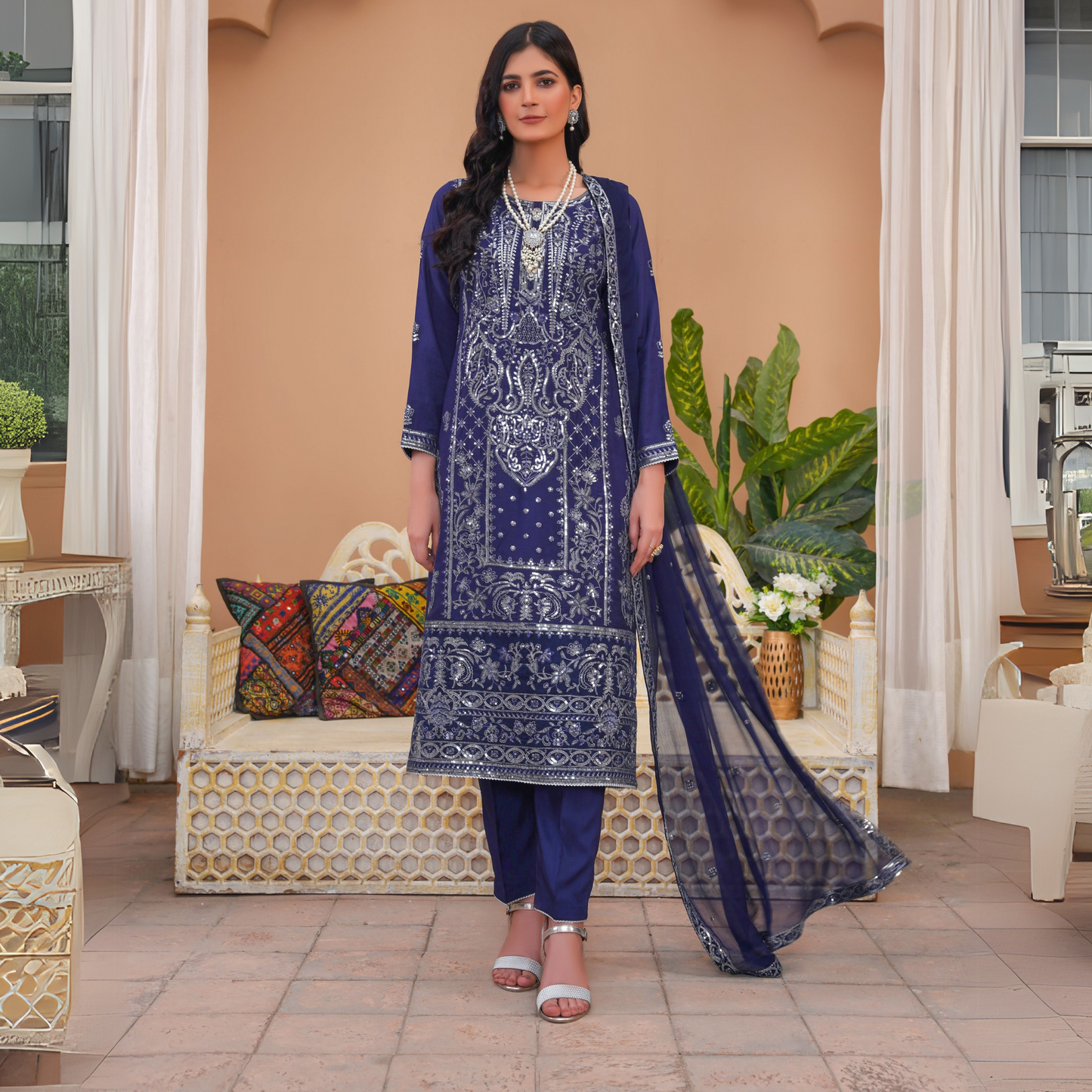 Luxury Embroidered Viscose Linen Dress 3 Pc | Winter Collection | Umnaa