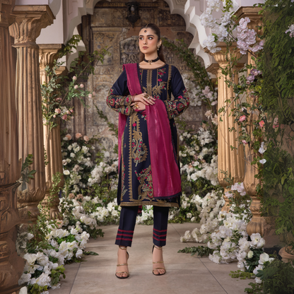 (Navy) 3 Pc Embroidered Cambric Cotton Ready to Wear Dress | Eid Wear | Heera's