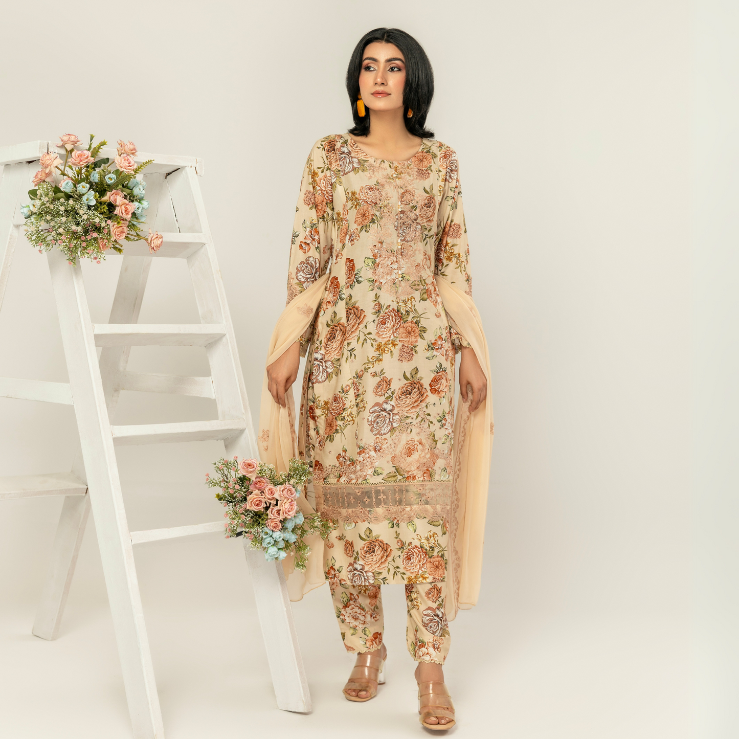 UMS-10 Floral Printed Embroidered Linen | 3 Pc | Ready-to-wear Dress - Simrans