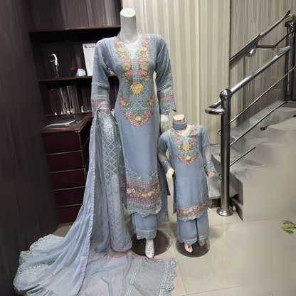 UA-52 3 Pc Luxury mother daughter Embroidered Chiffon Collection- Umnaa