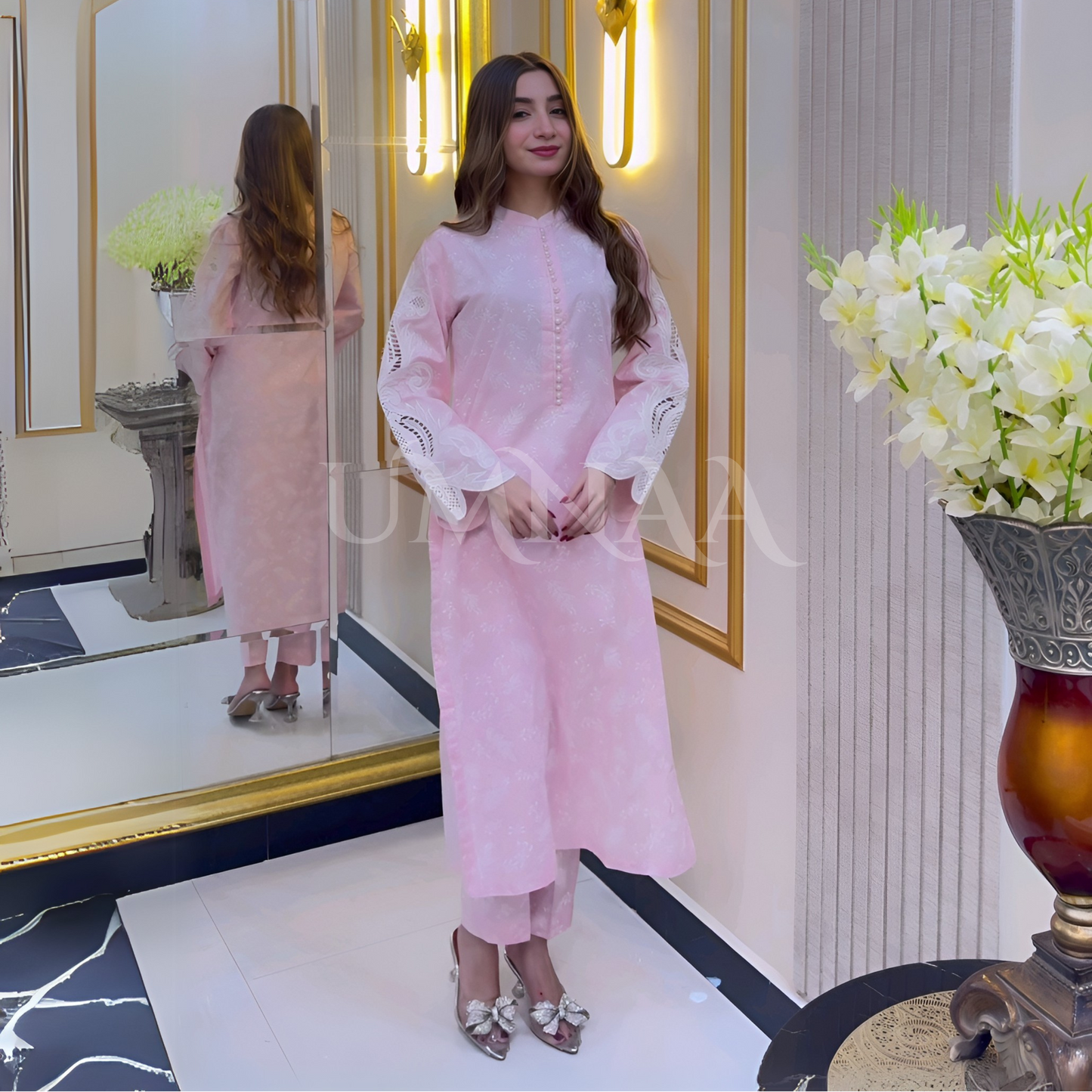 (Light Pink) 2 Pc Embroidered Cambric Cotton Pakistani Dress | Ready to Wear | UMNAA