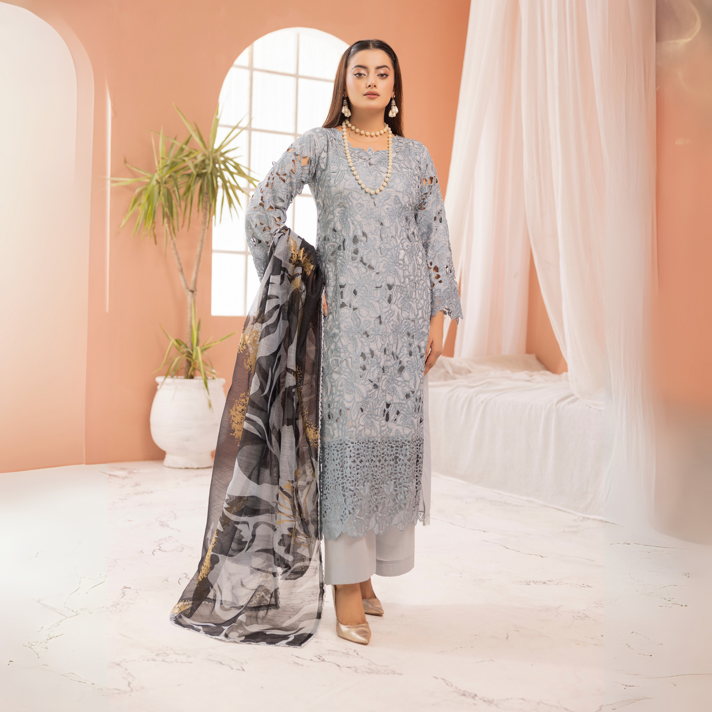 UMS-16 3 Pc Chikenkari Cambric Cotton Ready to Wear Dress | Simrans