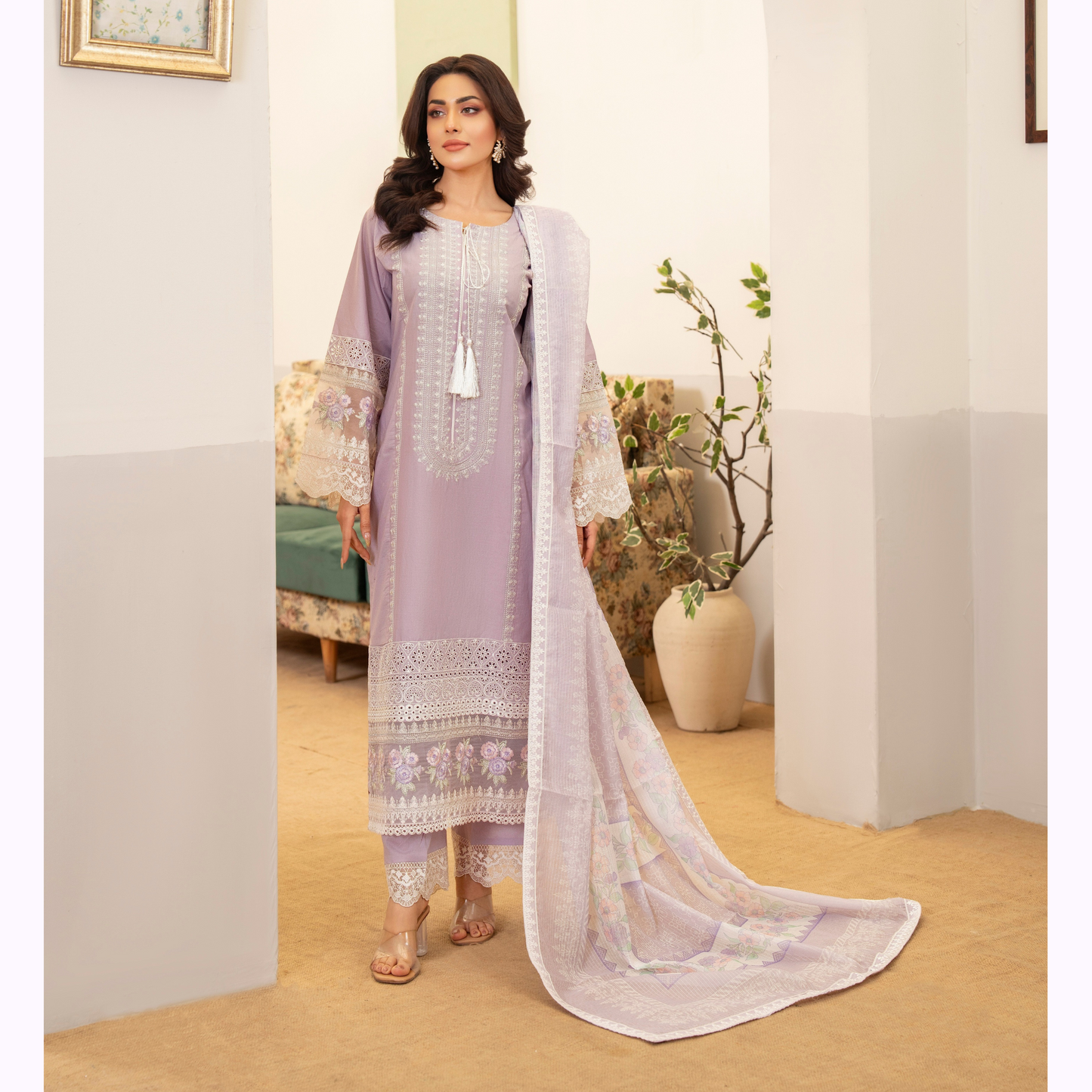 UKC-34 Embroidered Cambric Cotton Dress Ready to Wear 3 Pc - Karma Collection