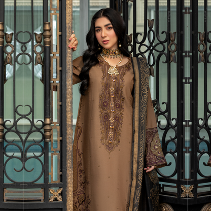 (Coffee Brown) 3 Pc Embroidered Cambric Cotton Ready to Wear Dress | Eid Wear | Heera's