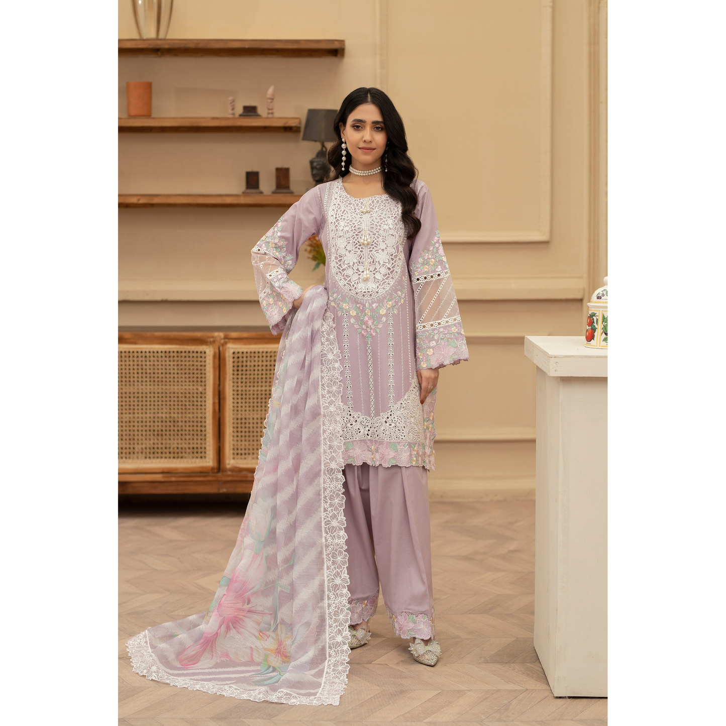 KC-1435 Embroidered Cambric Cotton Farshi Shalwar Kameez Ready to Wear 3 Pc - Karma Collection