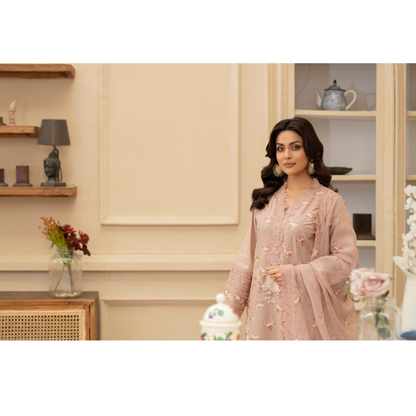 KC-1437 Embroidered Cambric Cotton long Frock Dress Ready to Wear 3 Pc - Karma Collection