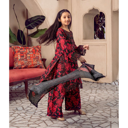 3 Pc Mother n Daughter Linen Embroidered Printed Dress | Festive Collection | Rangz