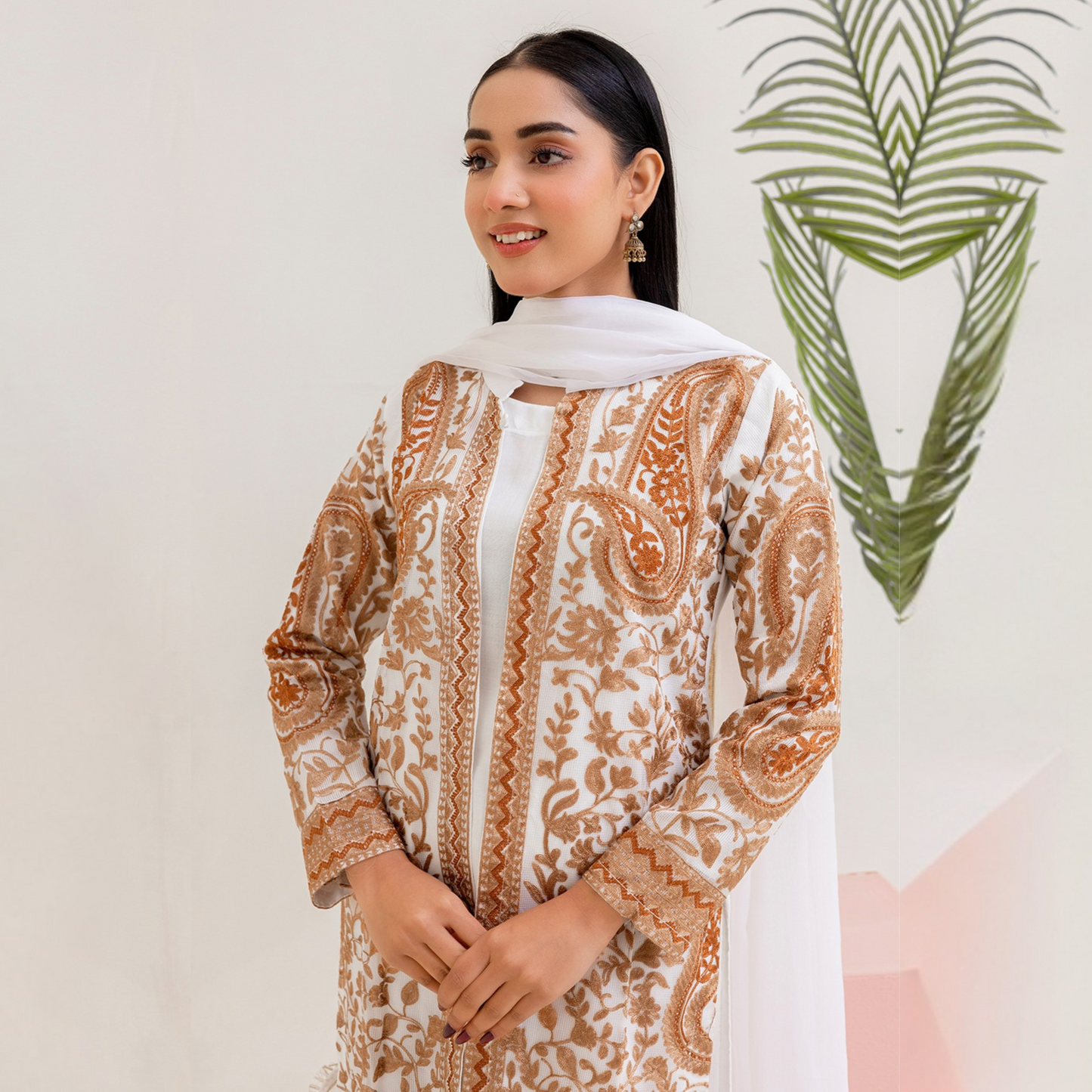 UMRZ-44 Embroidered Linen Coat Style Shirt with Pocket Trouser Dress and Chiffon Dupatta 3 Pc |Ready to Wear| Rangz